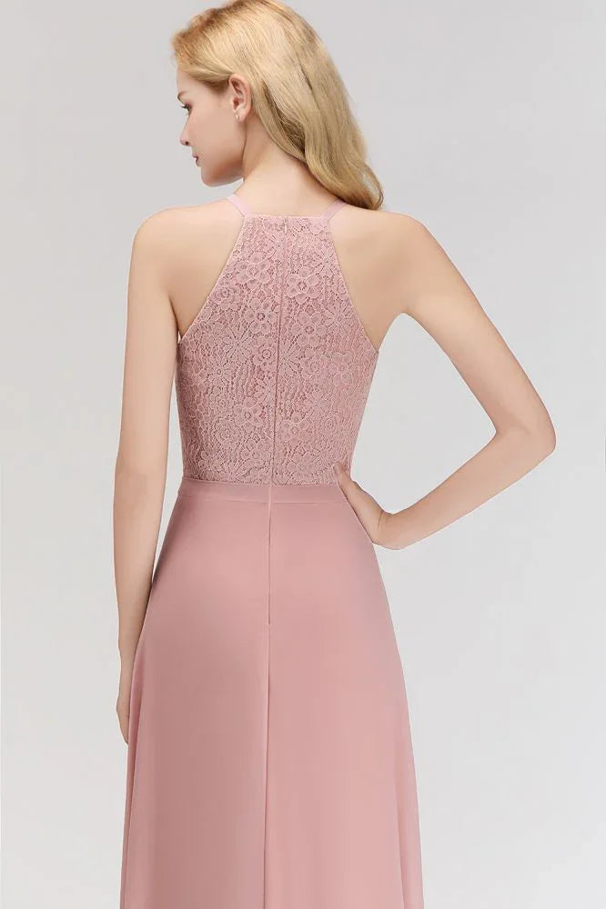 A-line Sleeveless Halter Long Lace Chiffon Bridesmaid Dress