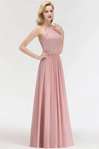 A-line Sleeveless Halter Long Lace Chiffon Bridesmaid Dress