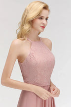 A-line Sleeveless Halter Long Lace Chiffon Bridesmaid Dress