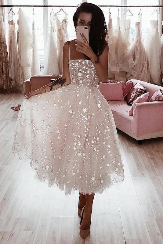 A Line Spaghetti Strap Tea Length Pearl Pink Homecoming Dress With Beading