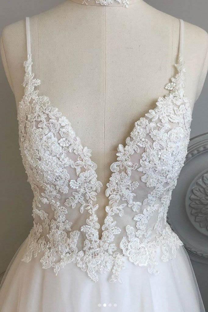 A Line Spaghetti Straps Beach Wedding Dresses Lace Wedding Gowns