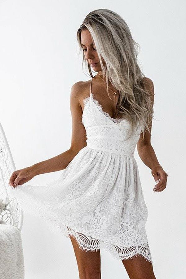 A-Line Spaghetti Straps Criss-Cross Straps White Lace Homecoming Dress