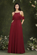 A-Line Spaghetti Straps Off-the-shoulder Ruffles Chiffon Bridesmaid Dress With Pockets