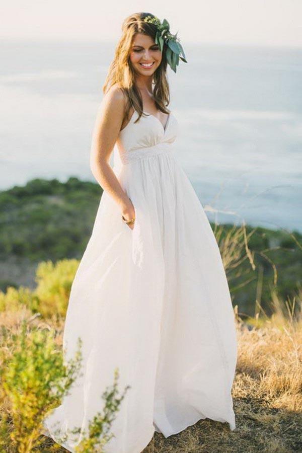 A-Line Spaghetti Straps Sweep Train Chiffon Wedding Dress