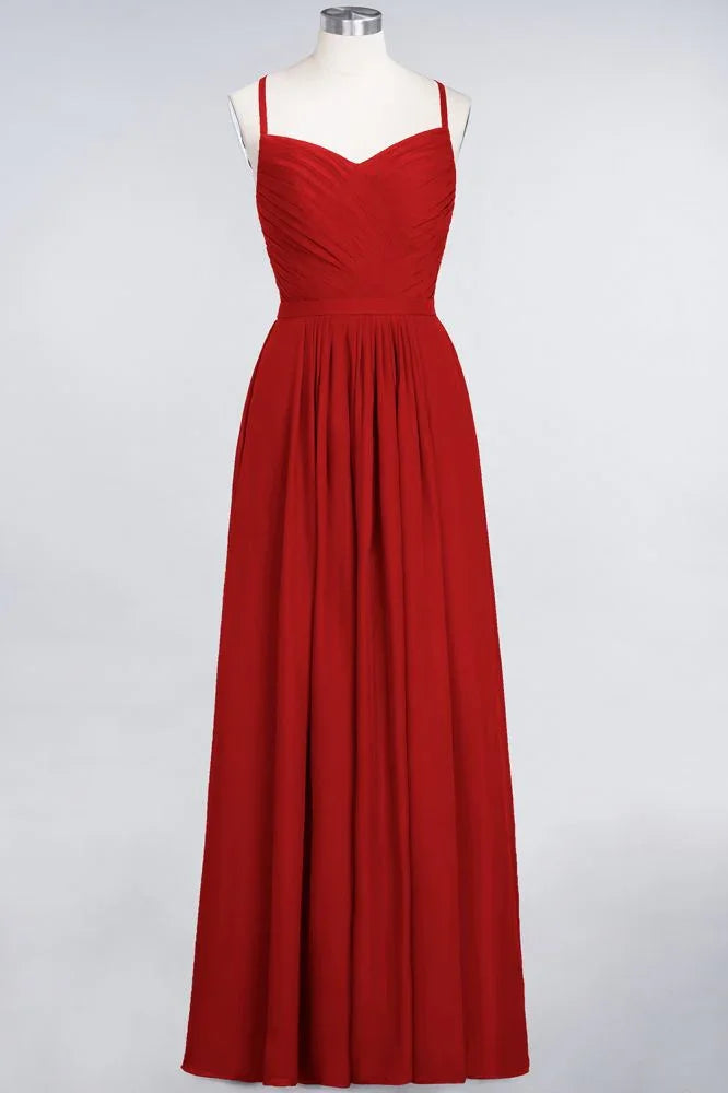 A-Line Spaghetti-Straps Sweetheart Sleeveless Bridesmaid Dress Ruffles Chiffon Evening Maxi Gown