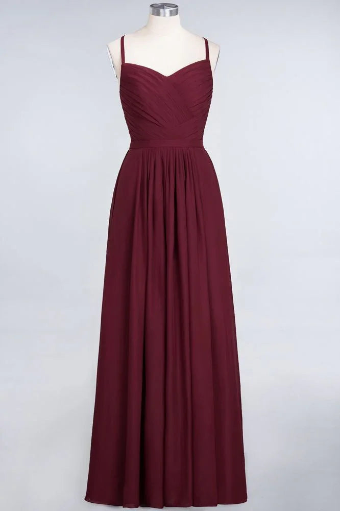 A-Line Spaghetti-Straps Sweetheart Sleeveless Bridesmaid Dress Ruffles Chiffon Evening Maxi Gown