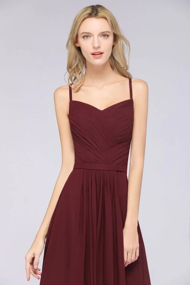 A-Line Spaghetti-Straps Sweetheart Sleeveless Bridesmaid Dress Ruffles Chiffon Evening Maxi Gown