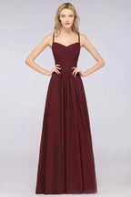 A-Line Spaghetti-Straps Sweetheart Sleeveless Bridesmaid Dress Ruffles Chiffon Evening Maxi Gown