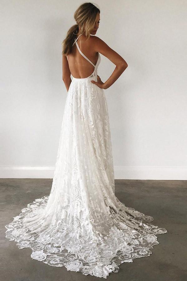 A-Line Straps Backless Court Train Lace Beach Wedding Dress