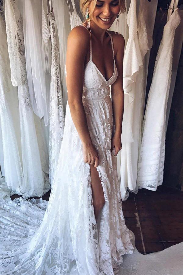 A-Line Straps Backless Court Train Lace Beach Wedding Dress