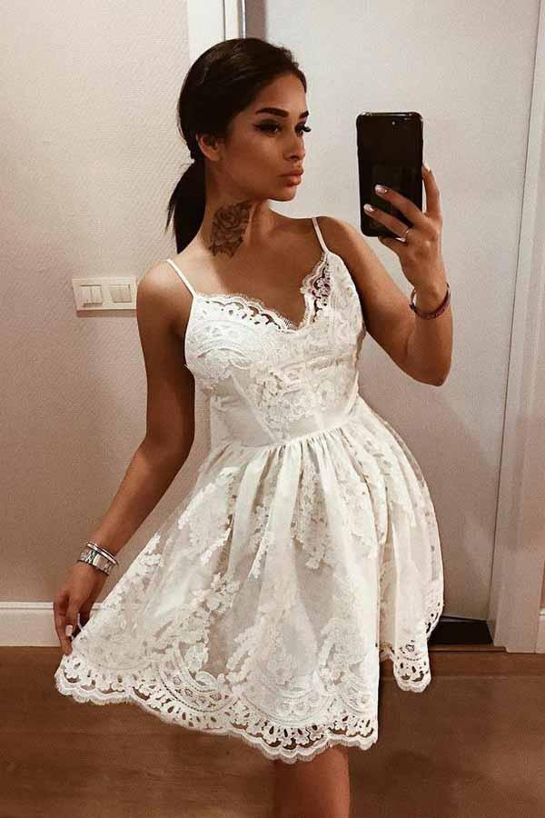 A-Line Straps Backless White Lace Homecoming Dress with Appliques