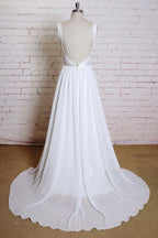 A-line Straps Court Train Chiffon Appliques Backless Wedding Dresses
