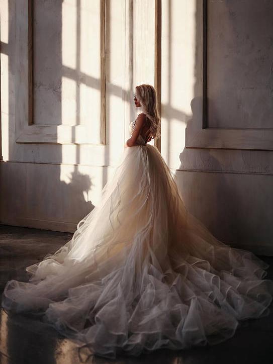 A-line Straps Floor length Beading Wedding Dress Long Prom Dress