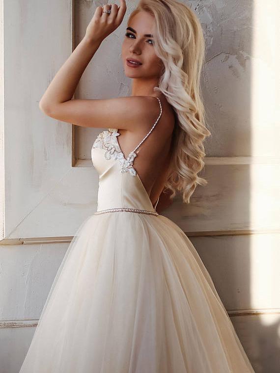 A-line Straps Floor length Beading Wedding Dress Long Prom Dress