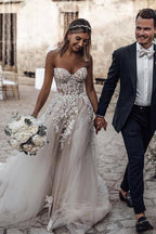 A-Line Sweetheart Sleeveless Sweep Train Tulle Wedding Dress