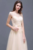 A-line Tulle Lace Appliques Floor-Length Prom Dress