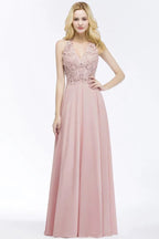A-line V-neck Appliques Chiffon Evening Maxi Dresses Sleeveless Bridesmaid Dress
