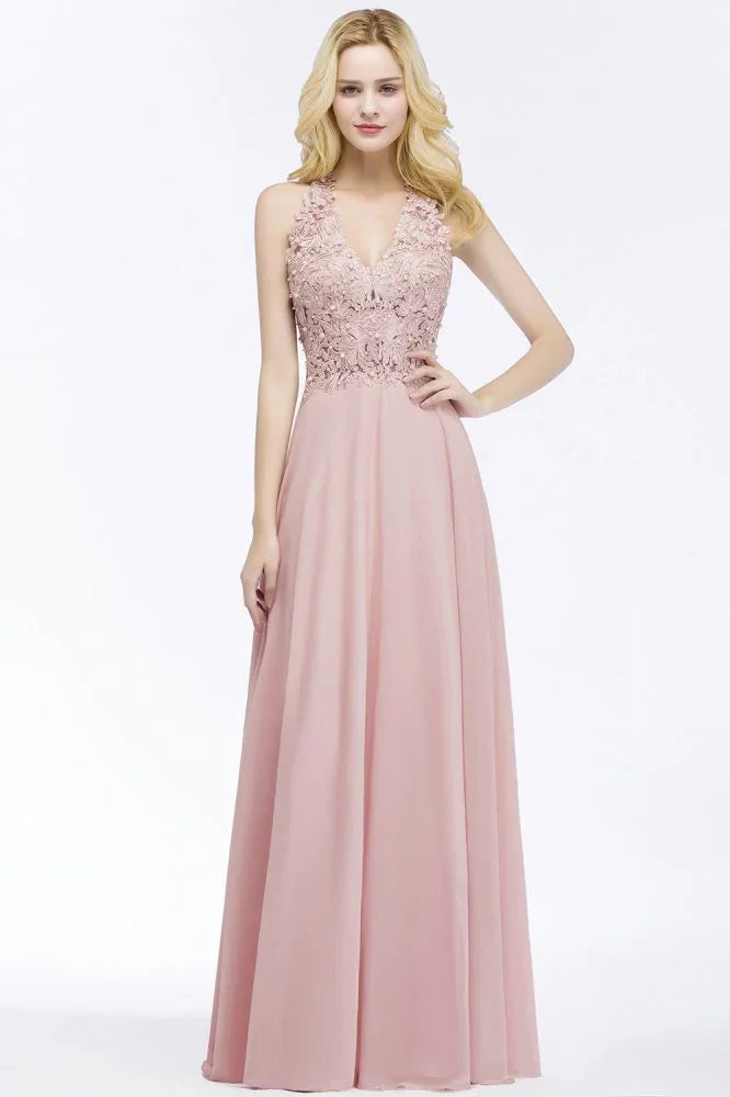 A-line V-neck Appliques Chiffon Evening Maxi Dresses Sleeveless Bridesmaid Dress