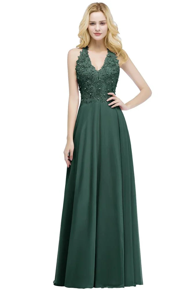 A-line V-neck Appliques Chiffon Evening Maxi Dresses Sleeveless Bridesmaid Dress