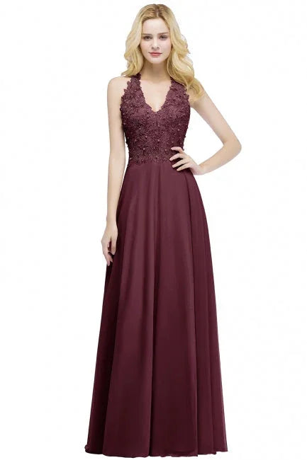A-line V-neck Appliques Chiffon Evening Maxi Dresses Sleeveless Bridesmaid Dress