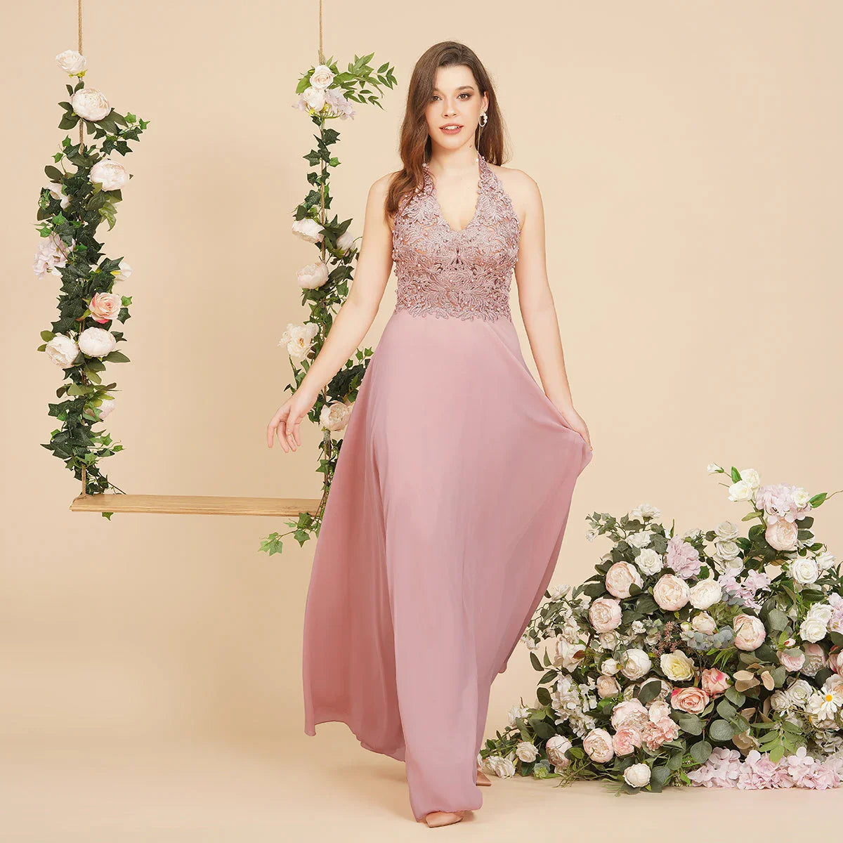 A-line V-neck Appliques Chiffon Evening Maxi Dresses Sleeveless Bridesmaid Dress