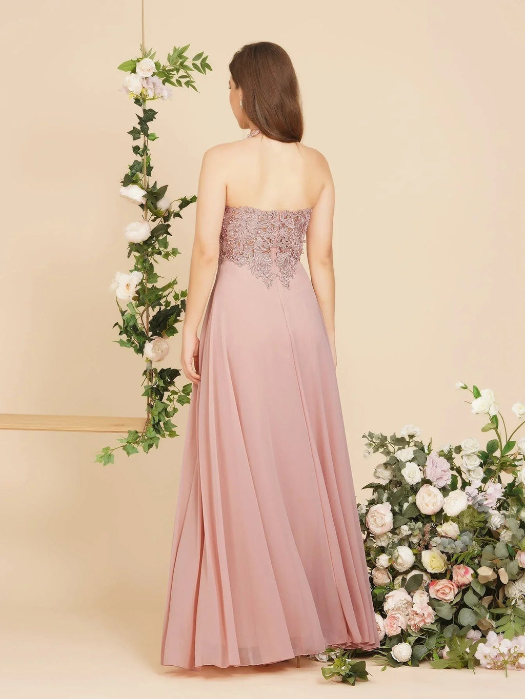A-line V-neck Appliques Chiffon Evening Maxi Dresses Sleeveless Bridesmaid Dress