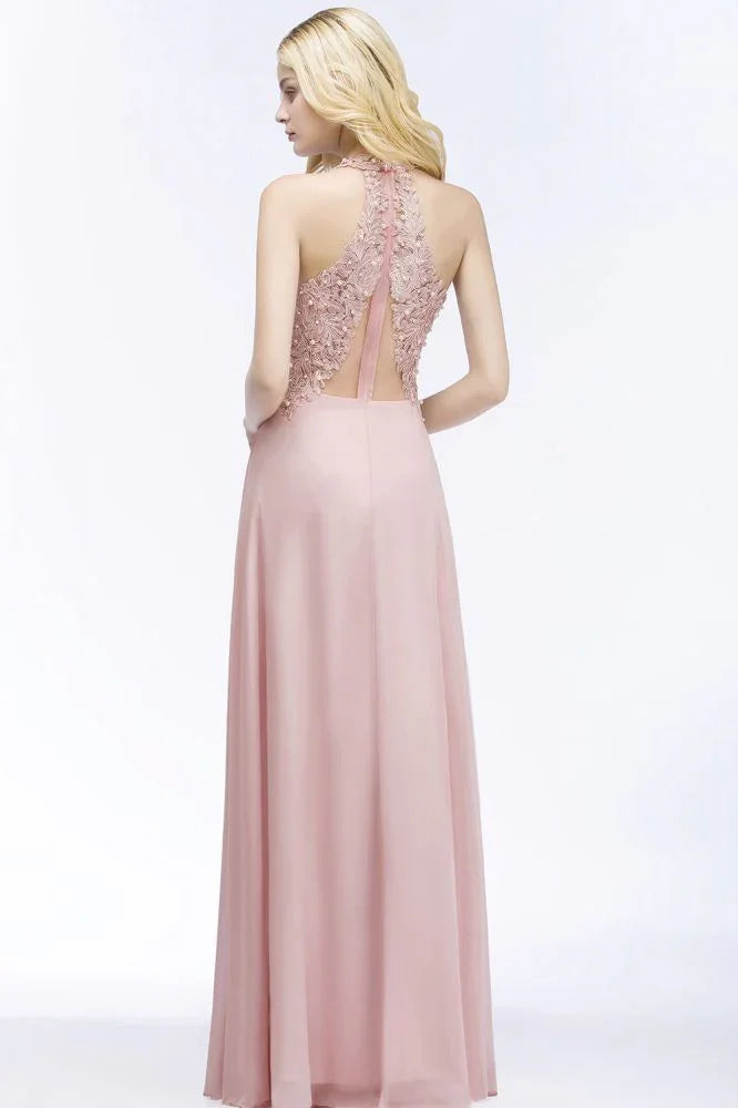 A-line V-neck Appliques Chiffon Evening Maxi Dresses Sleeveless Bridesmaid Dress