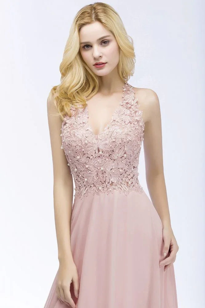 A-line V-neck Appliques Chiffon Evening Maxi Dresses Sleeveless Bridesmaid Dress