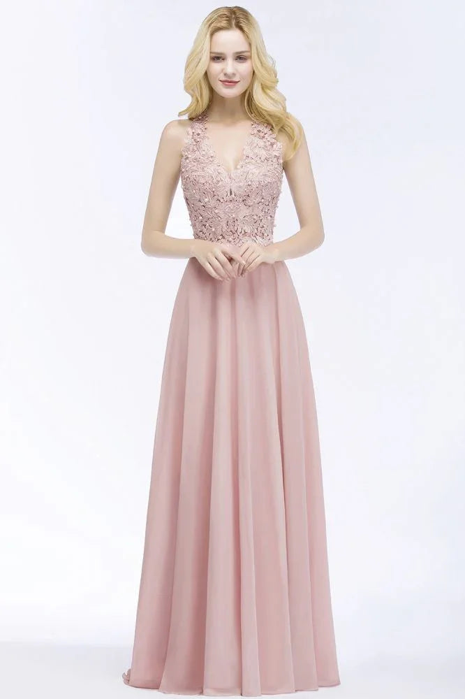 A-line V-neck Appliques Chiffon Evening Maxi Dresses Sleeveless Bridesmaid Dress