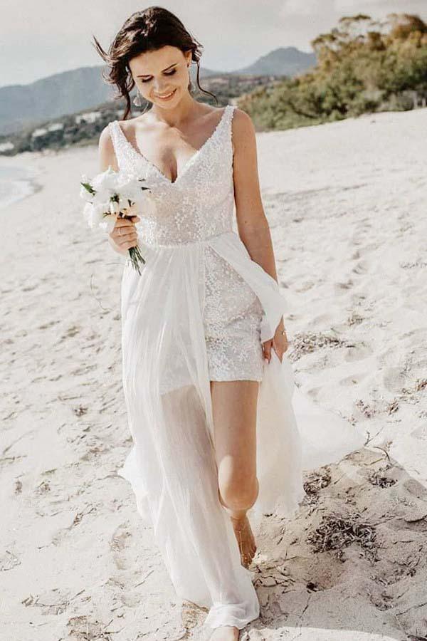 A-Line V-Neck Detachable Train Long Beach Wedding/Bridal Dress