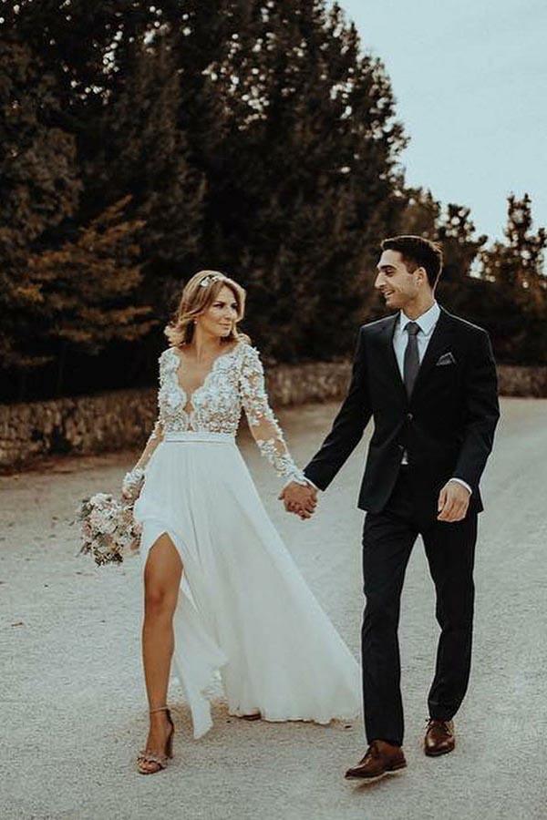 A-Line V-Neck Floor Length Chiffon Wedding Dress with Appliques Flowers