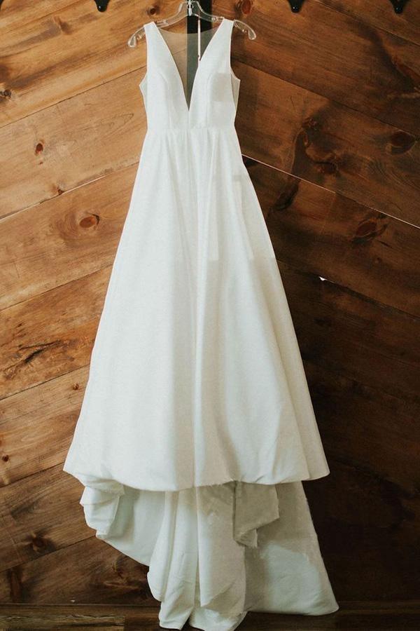 A-line V Neck Ivory Satin Simple Elegant Wedding Dresses