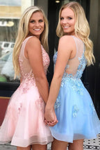 A Line V Neck Tulle Homecoming Dress with Appliques