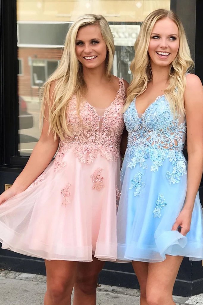 A Line V Neck Tulle Homecoming Dress with Appliques