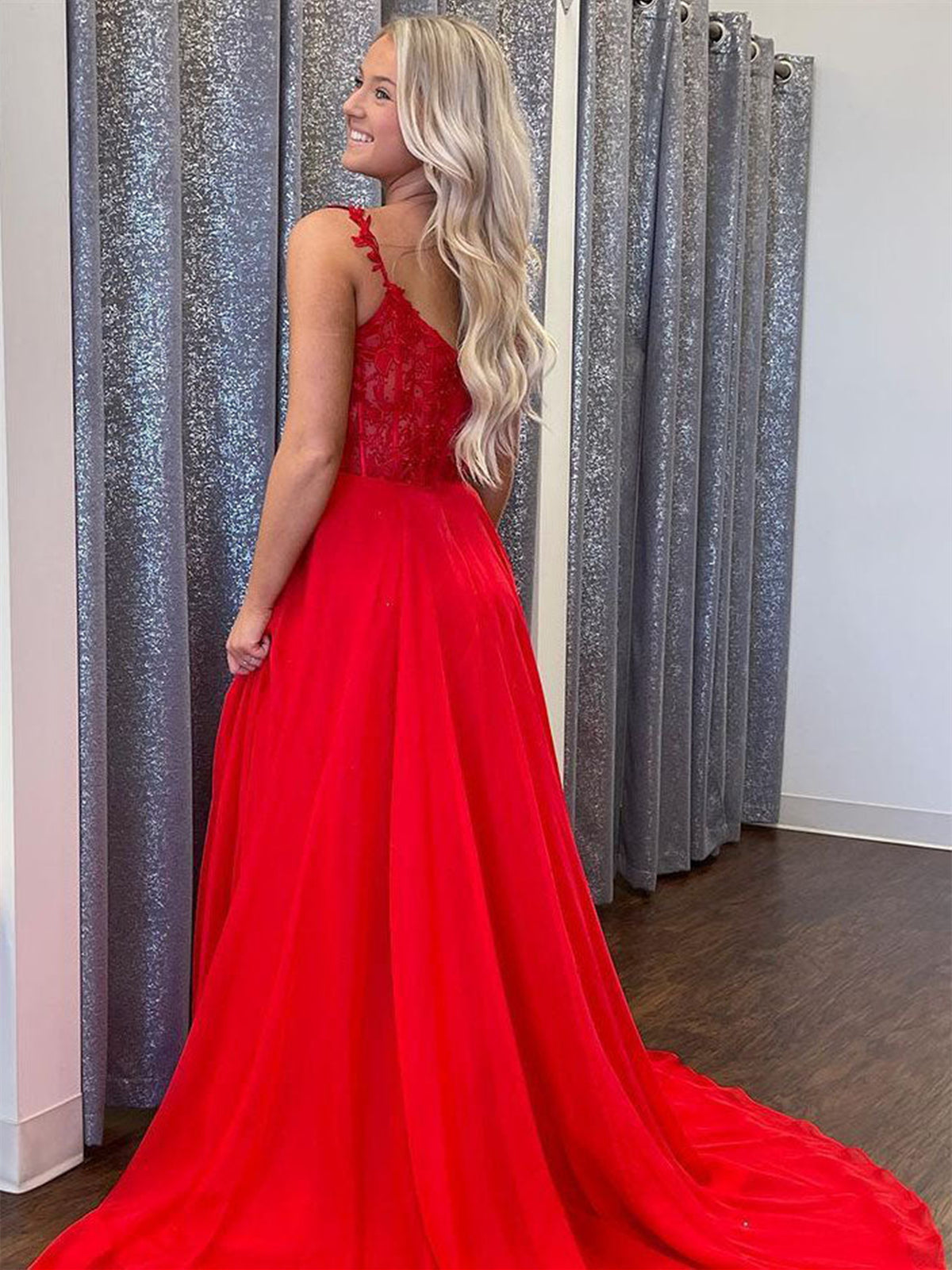 A-line V Neck Lace Long Prom Dresses with Slit Red Chiffon Formal Graduation Evening Gowns