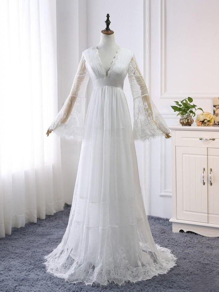 A-line V neck Long Sleeve Wedding Dress Rustic Boho Wedding Dress