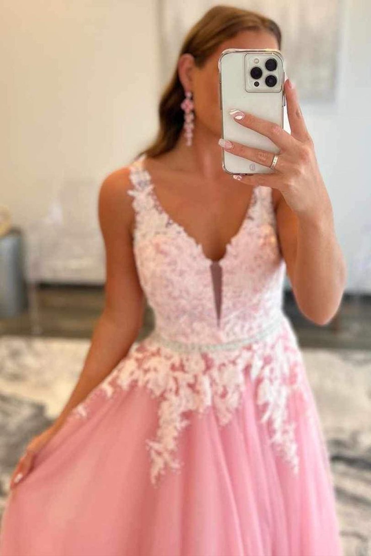 A-line V Neck Open Back Beaded Tulle Lace Long Prom Dresses Pink Formal Graduation Evening Gowns