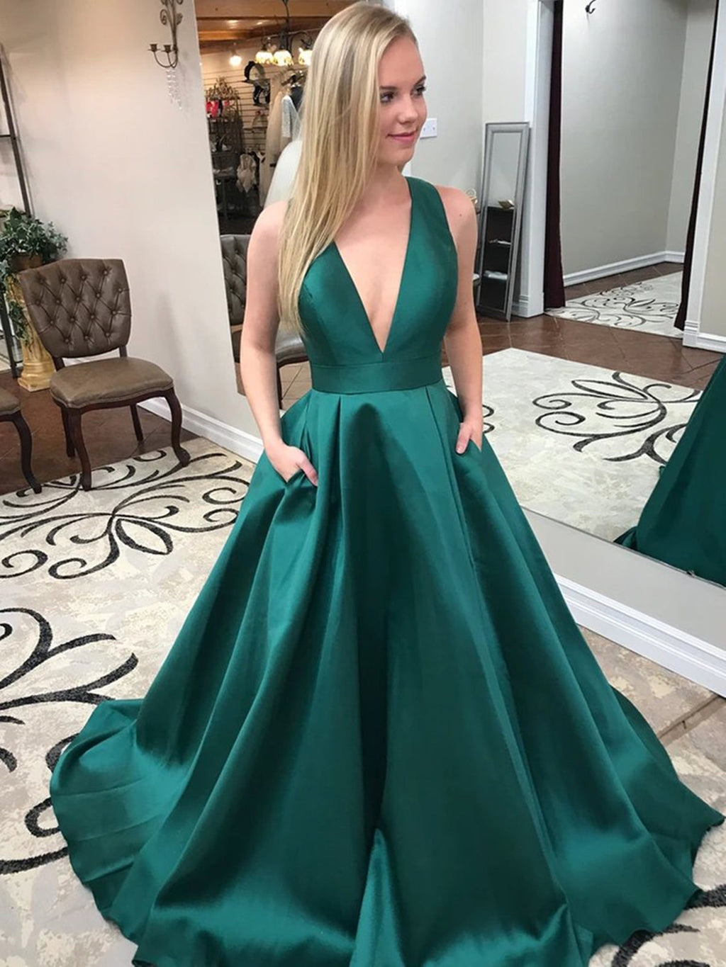 A-line V Neck Open Back Satin Long Prom Dresses with Pocket Green Formal Evening Gowns