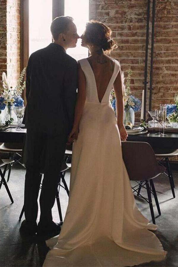 A Line V Neck Open Back Satin Long Wedding Dresses with Pockets