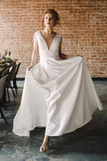 A Line V Neck Open Back Satin Long Wedding Dresses with Pockets