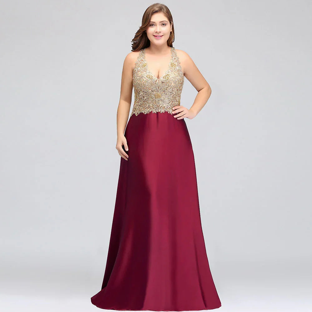 A-Line V-neck Plus size Long Sleeveless Evening Dresses with Appliques