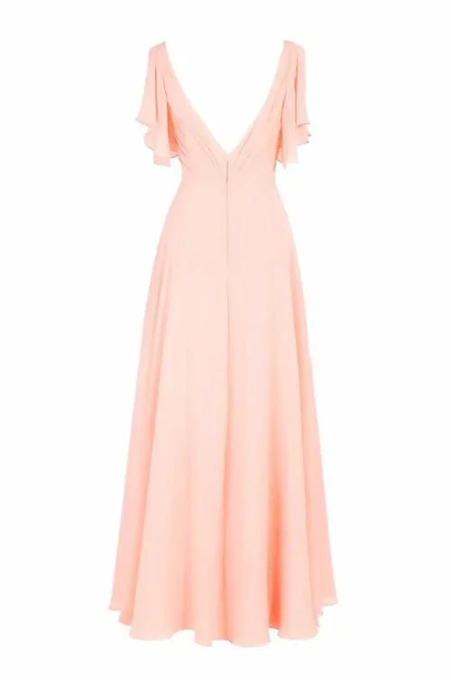 A-line V-neck Short Sleeves Floor Length Chiffon Bridesmaid Dress BD014