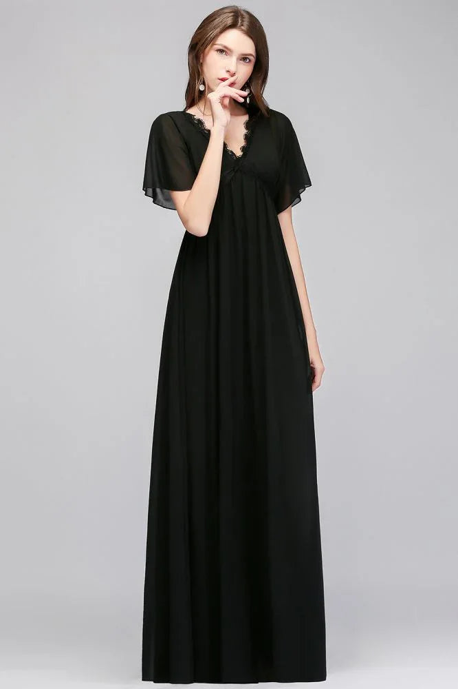 A-line V-neck Short Sleeves Long Black Chiffon Bridesmaid Dress
