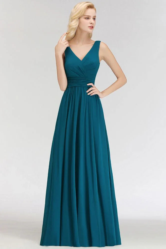 A-line V-neck Sleeveless Ruffles Chiffon Bridesmaid Dress