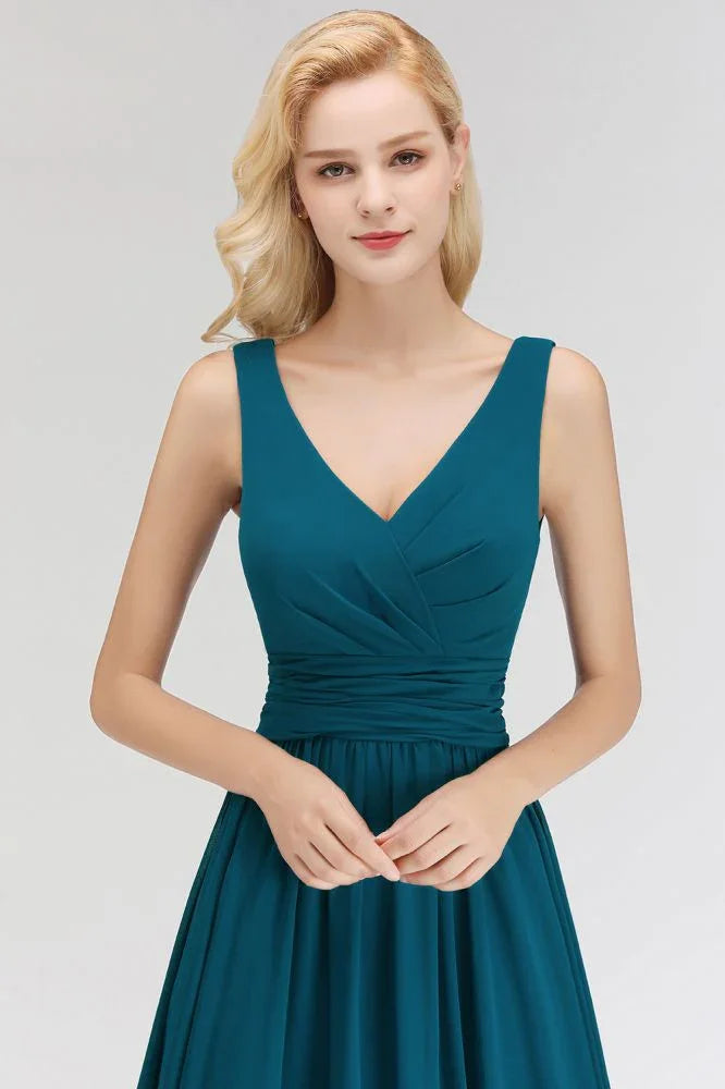 A-line V-neck Sleeveless Ruffles Chiffon Bridesmaid Dress