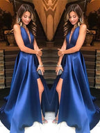 A-Line V-neck Sleeveless With Ruffles Satin Prom Dresses