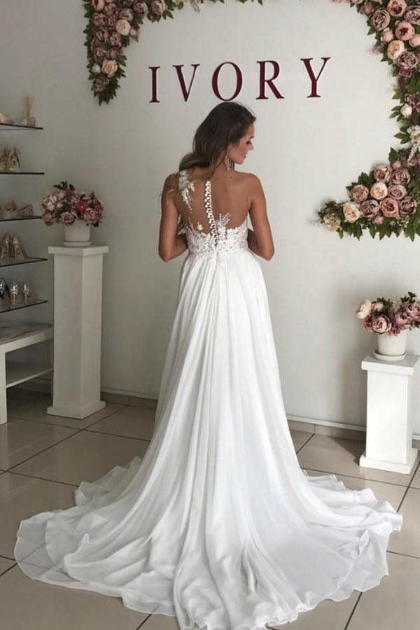 A-Line White Chiffon Appliques See Through Boho Wedding Dress