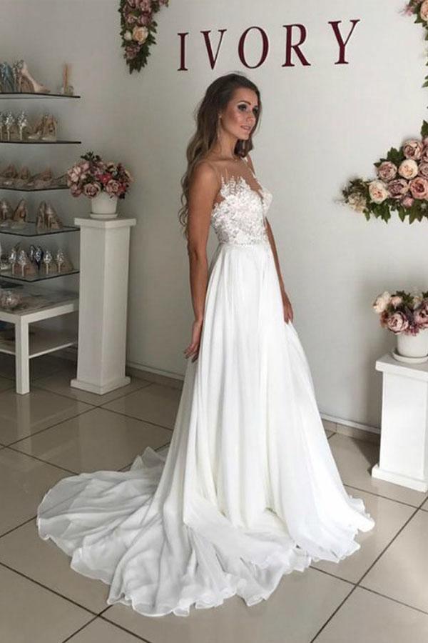 A-Line White Chiffon Appliques See Through Boho Wedding Dress