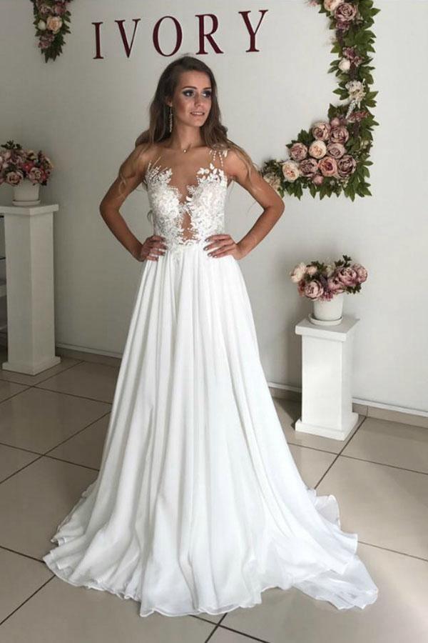 A-Line White Chiffon Appliques See Through Boho Wedding Dress