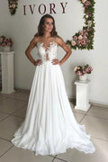 A-Line White Chiffon Appliques See Through Boho Wedding Dress
